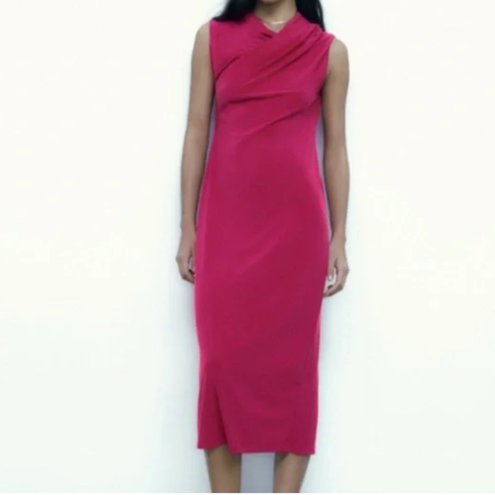 ZARA Pink Draped Midi Dress Sz S • Elegant Event Wear